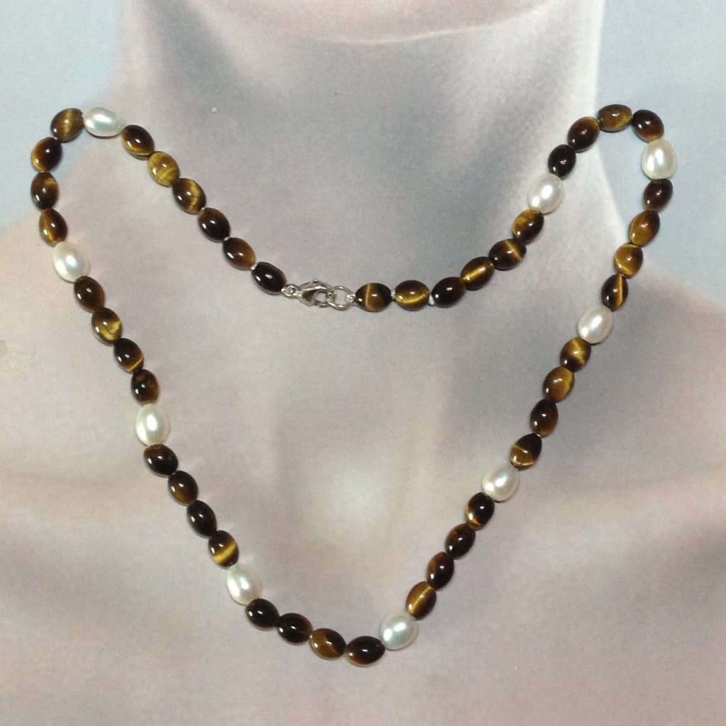 Oval Tiger-Eye Gemstone Beads And Freshwater Pearl Necklace.